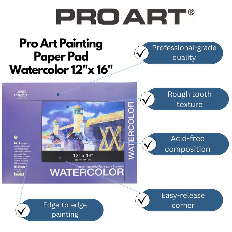 Pro Art Painting Pad Watercolor Pad 12"x 16" Acid Free 140lb 15pc Block - Image 2